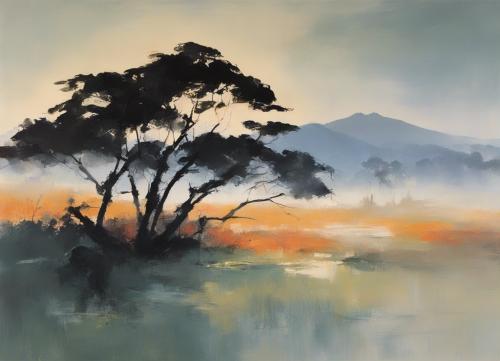 A-japanese-rural-landscape-enveloped-in-early-morning-mist-just-before-sunrise-  in-a-style-of-bol-1