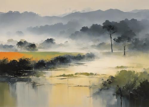 A-japanese-rural-landscape-enveloped-in-early-morning-mist-just-before-sunrise-  in-a-style-of-bol-3