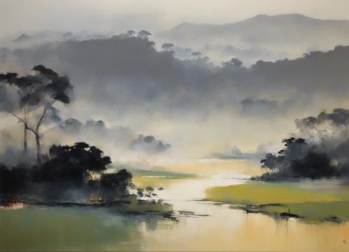 A-japanese-rural-landscape-enveloped-in-early-morning-mist-just-before-sunrise-  in-a-style-of-bol-7