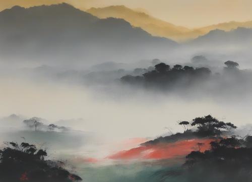 A-japanese-rural-landscape-enveloped-in-early-morning-mist-just-before-sunrise-  in-a-style-of-bol