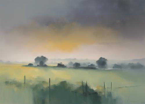A-rural-landscape-enveloped-in-early-morning-mist-just-before-sunrise-  in-a-style-of-bold-composi-1