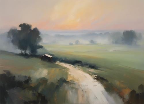 A-rural-landscape-enveloped-in-early-morning-mist-just-before-sunrise-  in-a-style-of-bold-composi-2