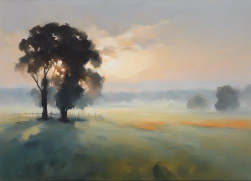A-rural-landscape-enveloped-in-early-morning-mist-just-before-sunrise-  in-a-style-of-bold-composi-5