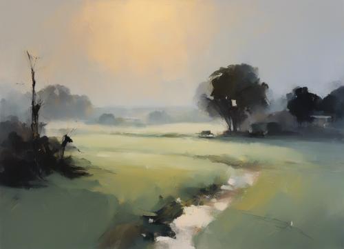 A-rural-landscape-enveloped-in-early-morning-mist-just-before-sunrise-  in-a-style-of-bold-composi-7