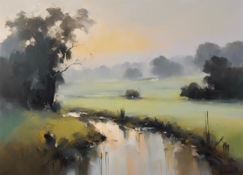 A-rural-landscape-enveloped-in-early-morning-mist-just-before-sunrise-  in-a-style-of-bold-composi