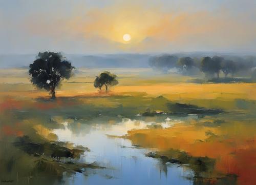 early-Morning-mist-over-rural-countryside-just-before-sunrise  in-a-style-of-bold-composition-bold